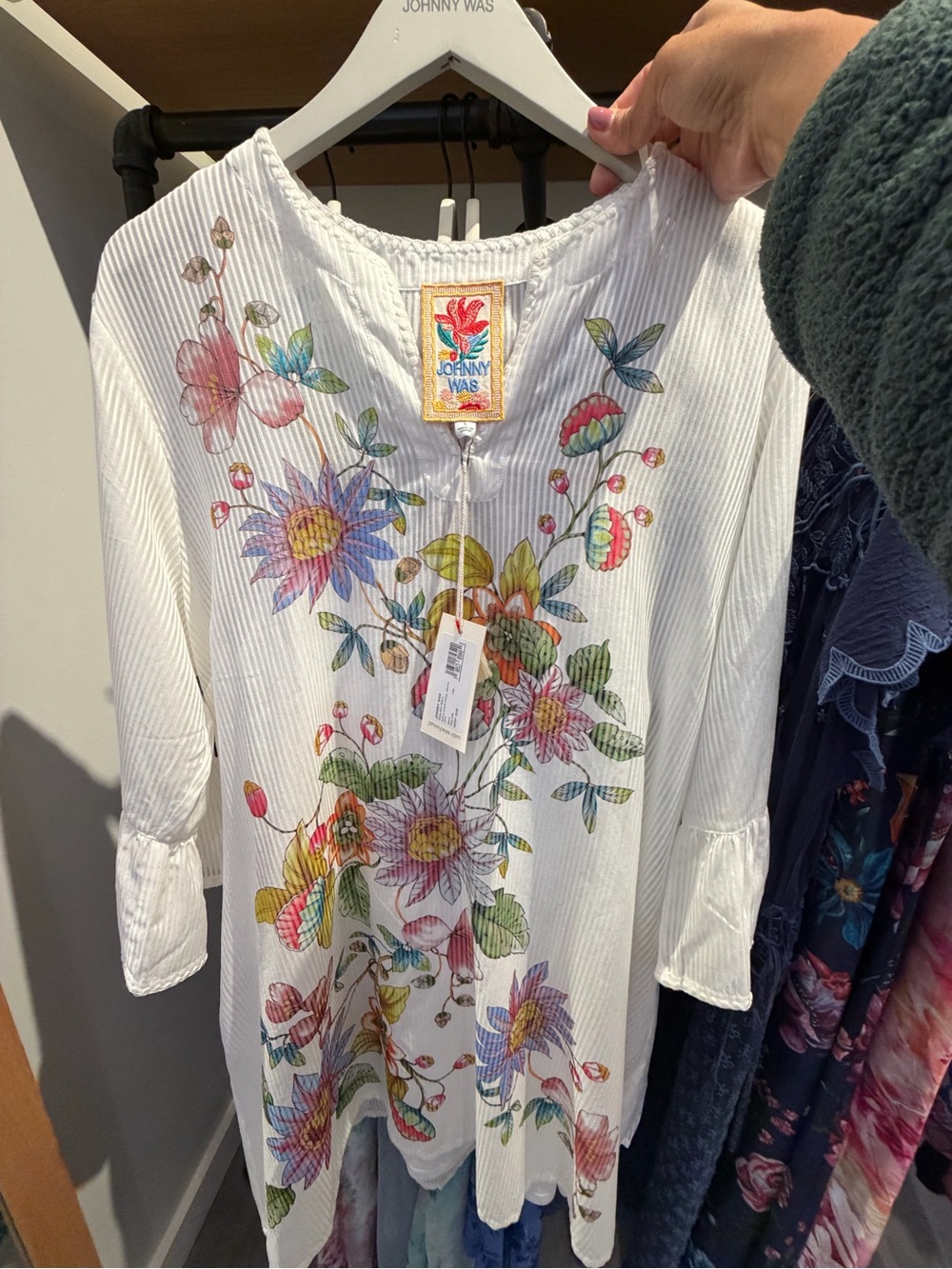 Johnny Was NWT Orlaya Ruffle Sleeve Cotton Silk Dress White Floral -Large